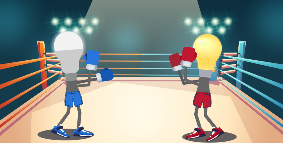 Cartoon of an LED and Incandescent bulb fighting