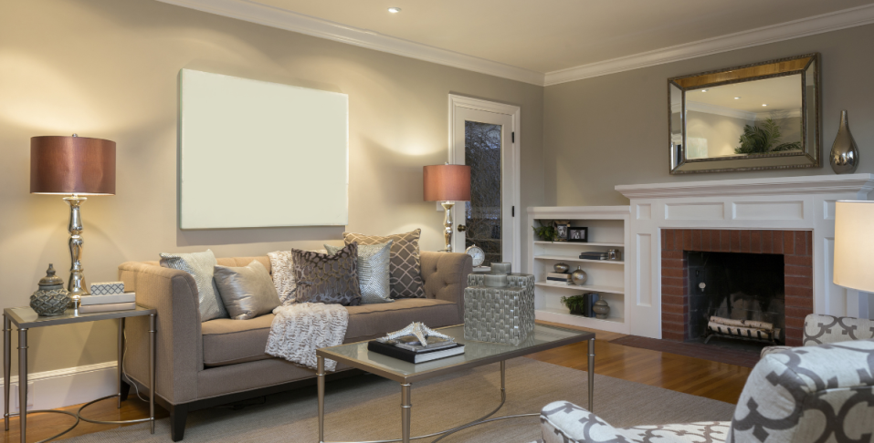 Large living room with layered lighting