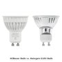 MR16 MiLight RGB+tunable white smart LED bulb compared to a halogen MR16 bulb