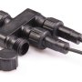 Connector hubs in use with plug-and-play G-LUX output connectors connecting multiple G-LUX LED landscape lights to a single power supply