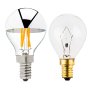 LED Filament Bulb - Silver Tipped G14 Candelabra LED Bulb w/ Filament LED - Dimmable: Profile View with Size Comparison to Incandescent Bulb