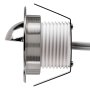 Profile view of a 1W round mini LED step light with brushed nickel trim and hood