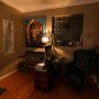 LED Vintage Light Bulb - G16 LED Bulb w/ Gold Tint - Filament LED - Dimmable: Shown In Office Lamp And On. 