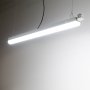 Optional hanging kit allows the strip light fixture to be suspended from the ceiling at adjustable heights. Optional motion sensor attaches to fixture exterior through conduit knockout. (both options sold separately)