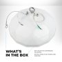 The fixture includes a stainless steel eyehook for suspension mounting and pigtail wires for power and dimming