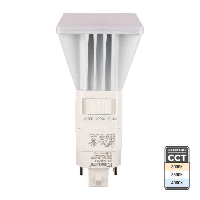 MaxLite DirectFit Vertical PL Lamp - 9W - G24q Base - Selectable CCT - Type A Ballast Compatible - 42W PL Fluorescent Equivalent - Up to 1,100 Lumens - 3000K / 3500K / 4000K
MaxLite DirectFit Vertical PL Lamp - 9W - G24q Base - Selectable CCT - Type A Ballast Compatible - 42W PL Fluorescent Equivalent - Up to 1,100 Lumens - 3000K / 3500K / 4000K