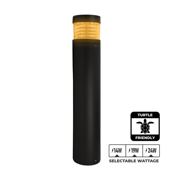 The Black Round Amber LED Turtle Friendly Bollard Light features a louvered reflector and selectable wattage (14W, 19W, 24W). Its clear lens is shown in amber for illustration. The Black Round Amber LED Turtle Friendly Bollard Light features a louvered reflector and selectable wattage (14W, 19W, 24W). Its clear lens is shown in amber for illustration.