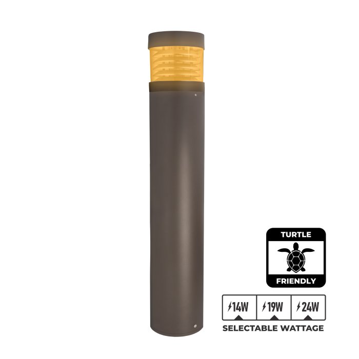 The Bronze Round Amber LED Turtle Friendly Bollard Light features a louvered reflector and selectable wattage (14W, 19W, 24W). Its clear lens is shown in amber for illustration. The Bronze Round Amber LED Turtle Friendly Bollard Light features a louvered reflector and selectable wattage (14W, 19W, 24W). Its clear lens is shown in amber for illustration.