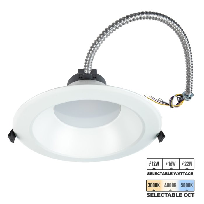 8" LED Commercial Recessed Downlight - Selectable CCT - Selectable Wattage - 100W Equivalent - Dimmable - 1200-2200 Lumens 8" LED Commercial Recessed Downlight - Selectable CCT - Selectable Wattage - 100W Equivalent - Dimmable - 1200-2200 Lumens