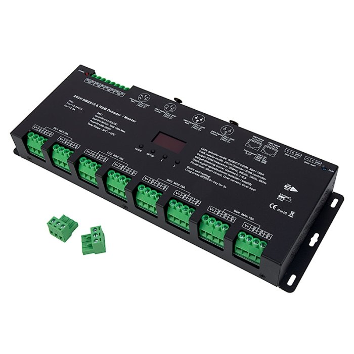 DS series 24 Channel DMX512 and RDM Decoder converts DMX and RDM signals to PWM for single color, CCT and/or RGB LED lighting products. DS series 24 Channel DMX512 and RDM Decoder converts DMX and RDM signals to PWM for single color, CCT and/or RGB LED lighting products.