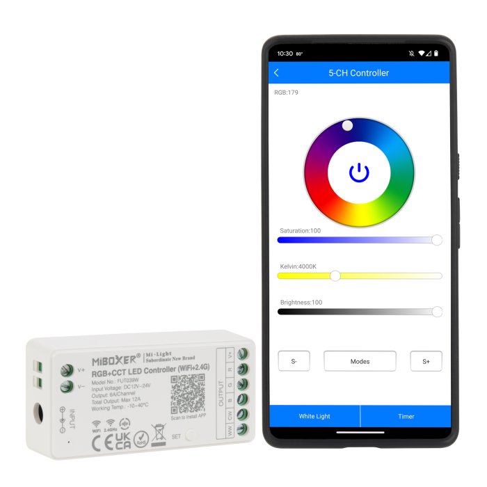 MiBoxer LED Controller - Wireless RGB+CCT LED Strip Lights - Hubless - 6 Amps / Channel - 12-24 VDC - Optional Remote main product photo