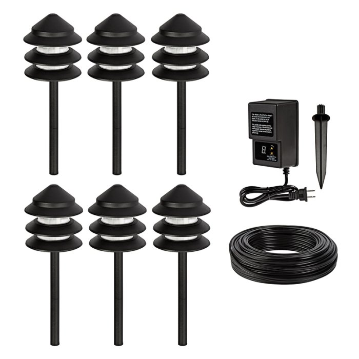 LED Landscape Lighting Kit - 6 Triple Tier Pagoda Path Light - Low Voltage Transformer LED Landscape Lighting Kit - 6 Triple Tier Pagoda Path Light - Low Voltage Transformer
