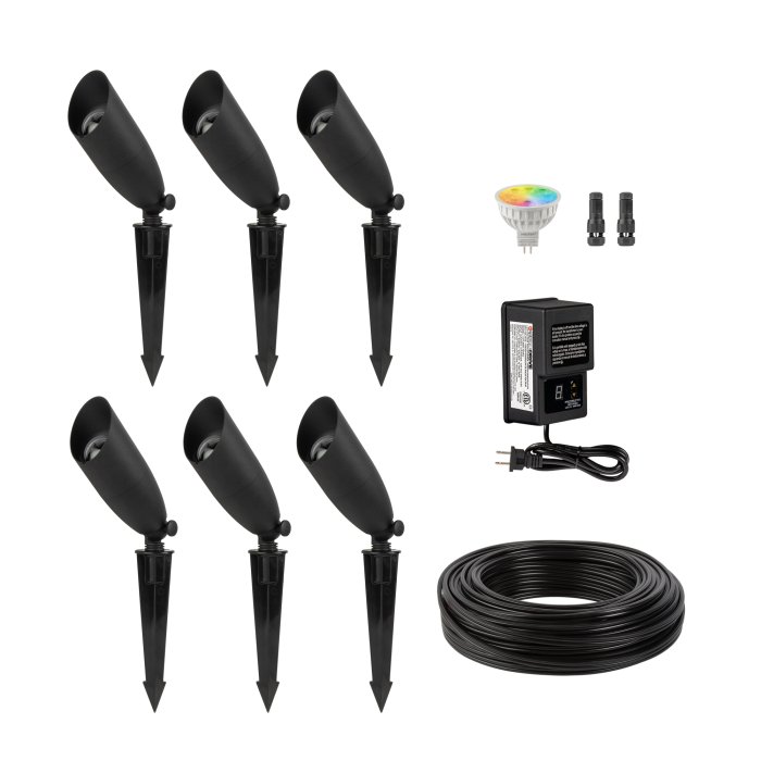Smart Landscape Lighting Kit - 6-Piece LED-Ready Cast Aluminum Landscape Spot Light - RGB+Tunable White MR16 Bulb - 60W Low Voltage Transformer - Optional RF Remote / With Wi-Fi Controller Hub main product photo