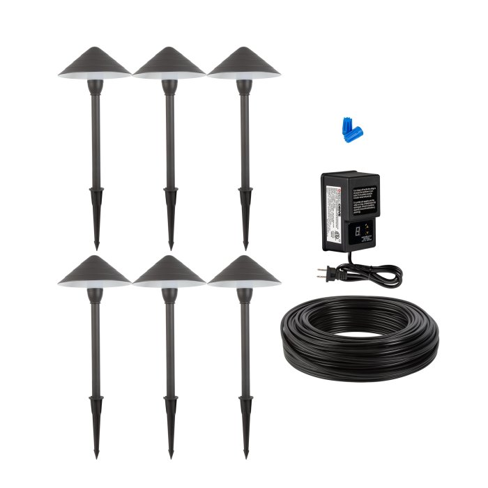 6-Piece Ring-Cone Shade LED Path Light Landscape Lighting Kit - 60W Low Voltage Transformer - 2700K / 3000K / 4000K main product photo