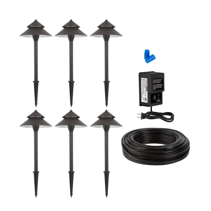 6-Piece Two-Tier Cone Shade LED Path Light Landscape Lighting Kit - 60W Low Voltage Transformer - 2700K / 3000K / 4000K main product photo