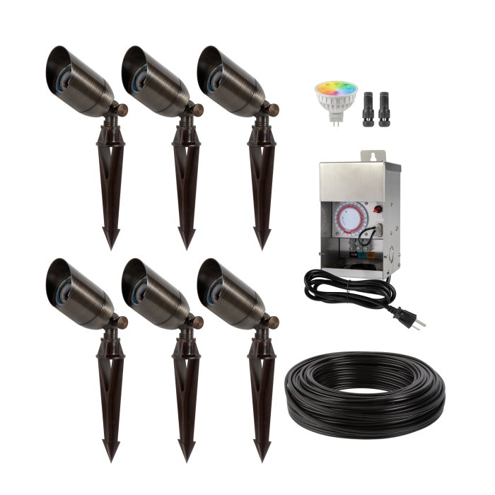 Smart Landscape Lighting Kit - 6 Solid Brass LED-Ready Spot Lights - Antique Brass - MR16 RGB + Tunable White LED Bulbs - 75W Stainless Steel Transformer With Timer - Optional RF Remote / Wi-Fi Hub main product photo