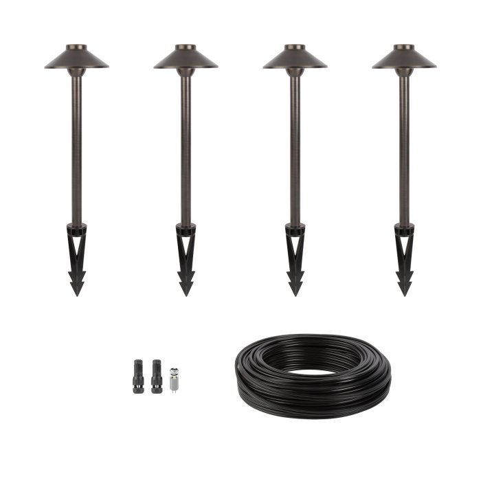 4-Piece Solid Brass LED-Ready Path Light Landscape Lighting Expansion Kit - 6" Diameter Flat-Top Cone Shade - 2700K / 4000K / 6500K main product photo