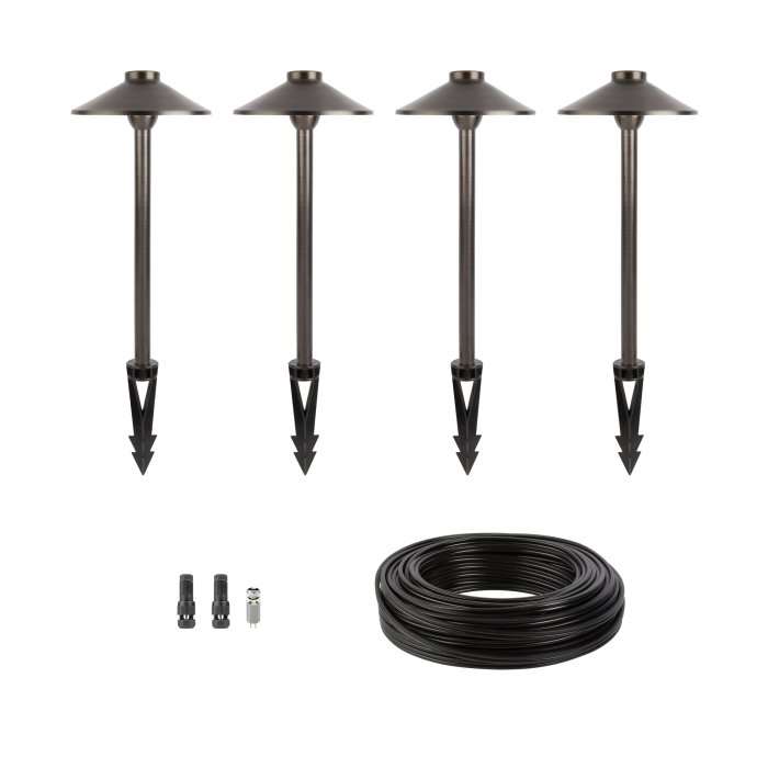4-Piece Solid Brass LED-Ready Path Light Landscape Lighting Expansion Kit - 8" Diameter Flat-Top Cone Shade - 2700K / 4000K / 6500K main product photo