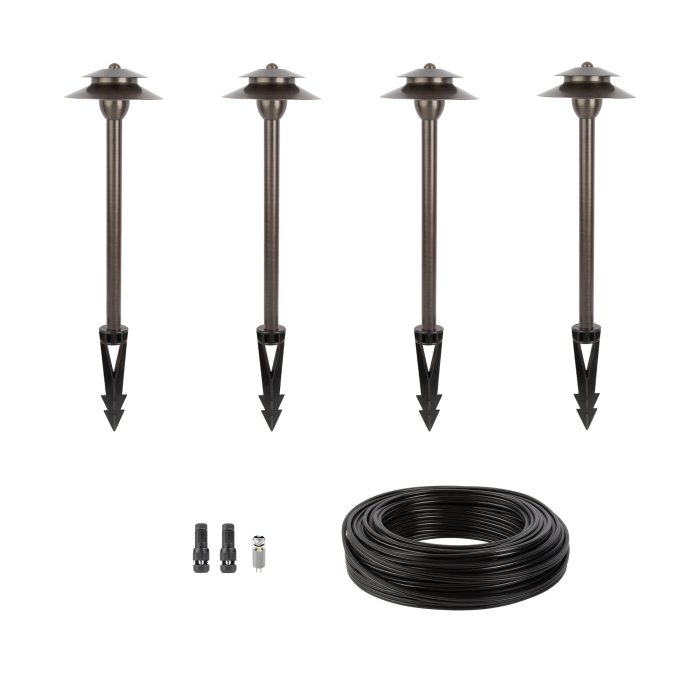 4-Piece Solid Brass LED-Ready Path Light Landscape Lighting Expansion Kit - 6" Diameter Two-Tier Cone Shade - 2700K / 4000K / 6500K main product photo