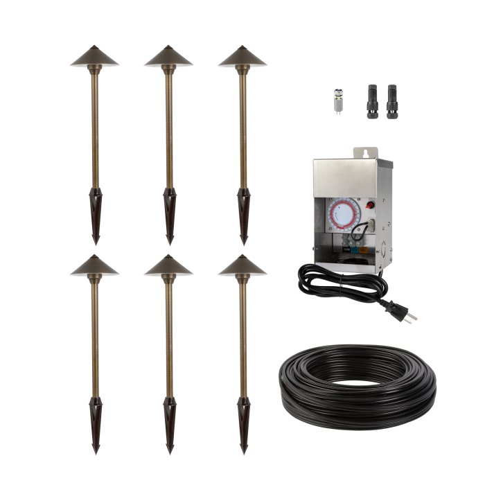 6-Piece Solid Brass LED-Ready Path Light Landscape Lighting Kit - 6" Diameter Pointed Cone Shade - 75W Low Voltage Stainless Steel Transformer With Timer - 2700K / 4000K / 6500K main product photo