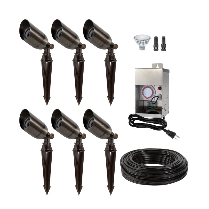 6-Piece Solid Brass LED-Ready Spot Light Landscape Lighting Kit - 75W Low Voltage Stainless Steel Transformer With Timer - Antique Bronze - MR16 Bulbs - 2700K / 3000K / 4000K / 6500K main product photo
