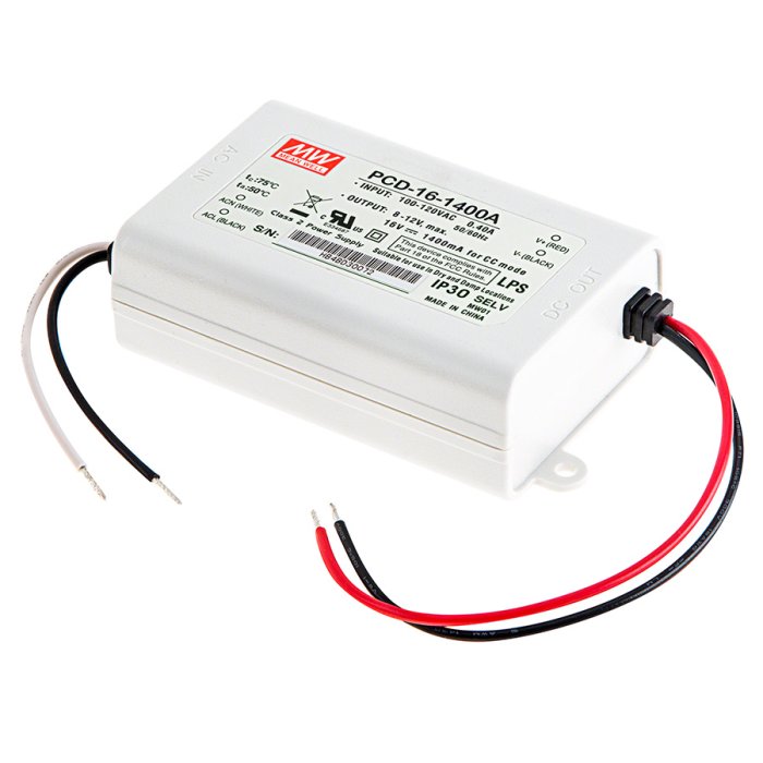MEAN WELL Constant Current LED Driver - PCD-16 Series - 1400mA - 8-12 VDC MEAN WELL Constant Current LED Driver - PCD-16 Series - 1400mA - 8-12 VDC