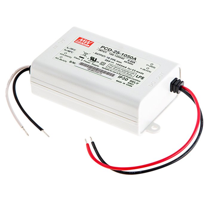 Mean Well LED Switching Power Supply - PCD Series AC Dimmable LED Constant Current Driver - A-Type - 1050mA - 16-24 VDC Mean Well LED Switching Power Supply - PCD Series AC Dimmable LED Constant Current Driver - A-Type - 1050mA - 16-24 VDC