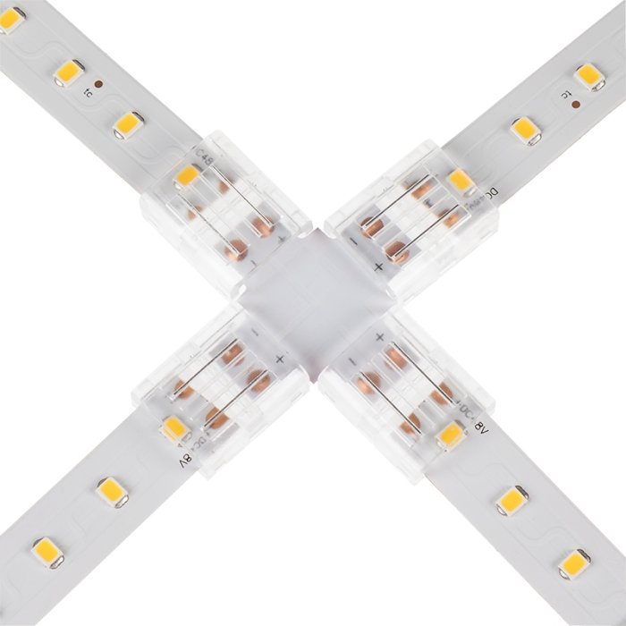 Solderless Clamp-On Cross Connector - 12mm Single Color LED Strip Lights Solderless Clamp-On Cross Connector - 12mm Single Color LED Strip Lights
