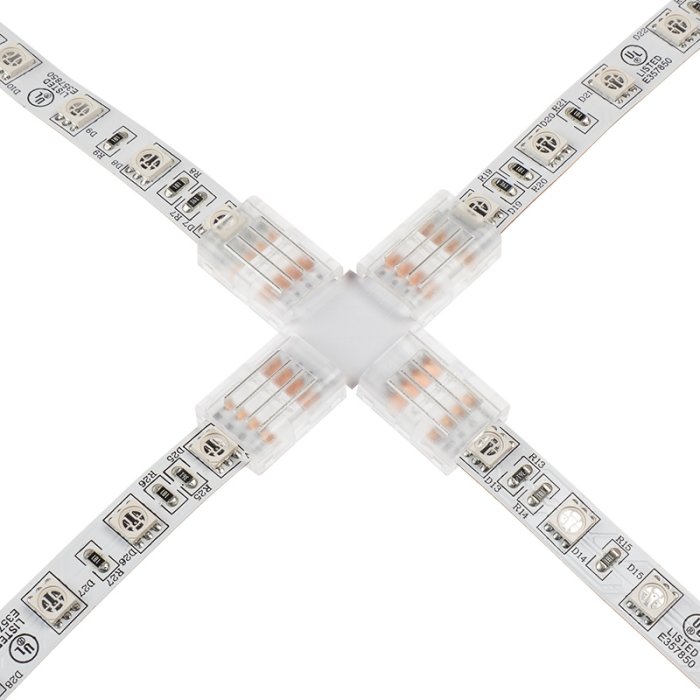 Solderless Clamp-On Cross Connector for 10mm RGB LED Strip Lights Solderless Clamp-On Cross Connector for 10mm RGB LED Strip Lights