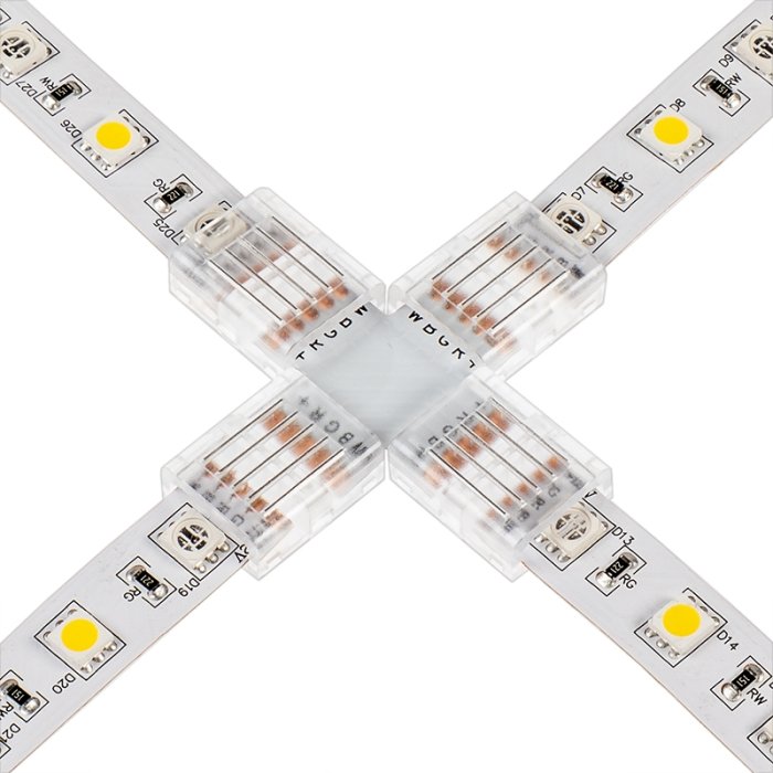 Solderless Clamp-On Cross Connector for 12mm RGBW LED Strip Lights Solderless Clamp-On Cross Connector for 12mm RGBW LED Strip Lights