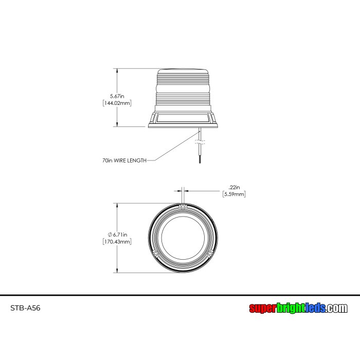 Dimensional Drawing of 5.5" Strobe Beacon from Side View and Top-Down view, along with wire length