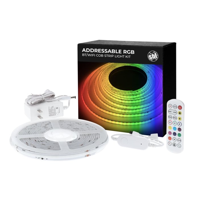 5m Addressable RGB COB LED Strip Light Kit - Bluetooth Smartphone App Controlled - Wireless Remote Included - 24V 5m Addressable RGB COB LED Strip Light Kit - Bluetooth Smartphone App Controlled - Wireless Remote Included - 24V
