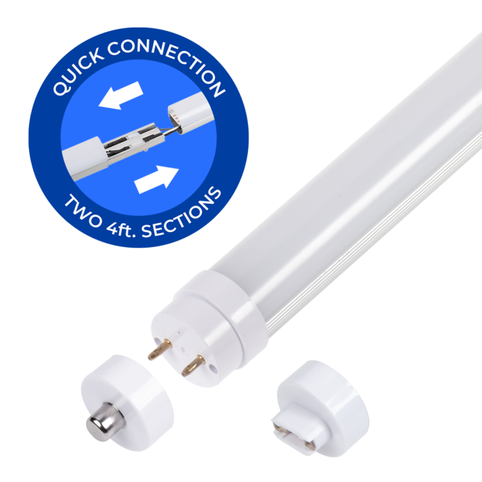 8ft T8/T12 LED Tube - 2 4-foot Sections - 36W - 4860 Lumens - Dual End Ballast Bypass Type B - 75W Equivalent - 5000K 8ft T8/T12 LED Tube - 2 4-foot Sections - 36W - 4860 Lumens - Dual End Ballast Bypass Type B - 75W Equivalent - 5000K