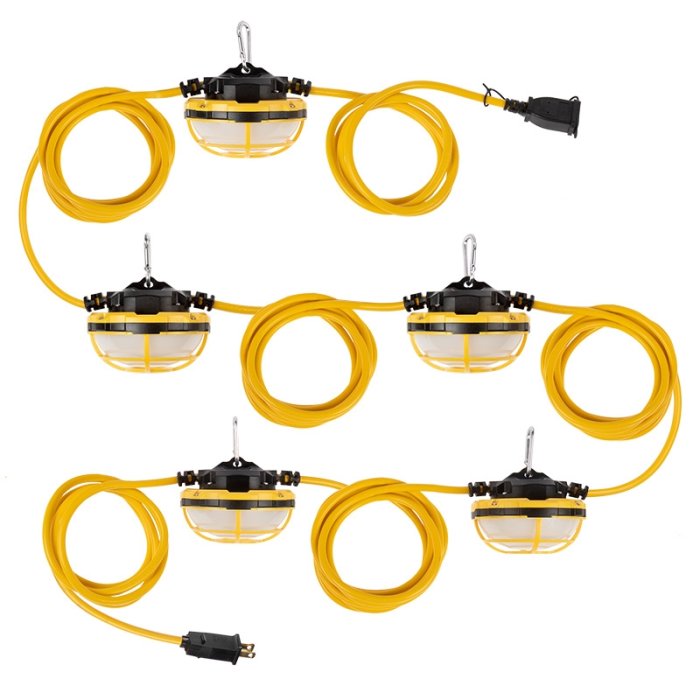 65W LED Temporary Hanging Construction String Light - 50’ Run - Linkable - 7,150 Lumens, 5,000K 65W LED Temporary Hanging Construction String Light - 50’ Run - Linkable - 7,150 Lumens, 5,000K