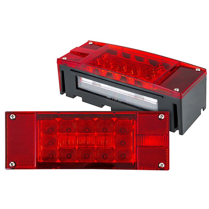Rectangular LED truck and trailer lights combo box with license plate lights - 8" STT lights - front and bottom profile views Rectangular LED truck and trailer lights combo box with license plate lights - 8" STT lights - front and bottom profile views