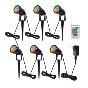 6 RGB LED Landscape Spot Lights Kit with Low Voltage Transformer, Bluetooth, and RF Remote Control