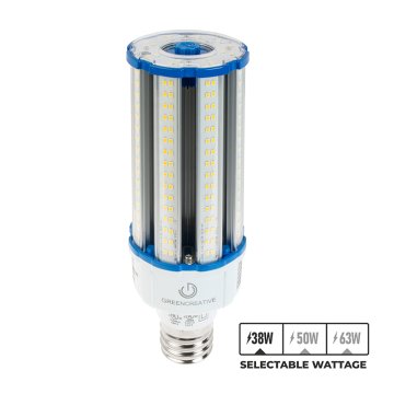 Green Creative 63W HID LED Retrofit Bulb - Post Top Lamp - EX39 Base - Selectable Wattage - Up To 8,190 Lumens - 277V - 38W / 50W / 63W - 5000K