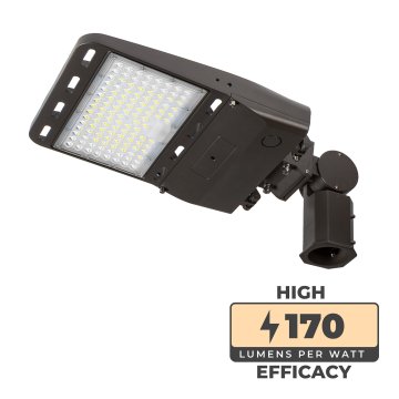 The 100-watt LED parking lot area light has a 170 lumens per watt high efficacy