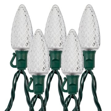 C9 Christmas LED String Lights - Slim Base - 17ft - 25 Retro Faceted Bulbs - Green Wire