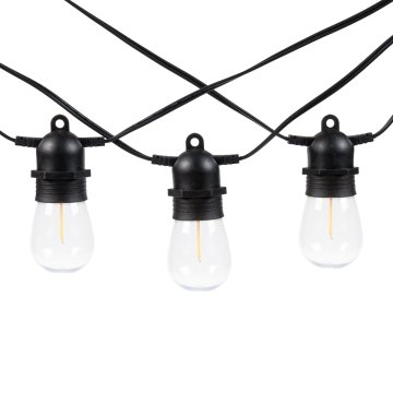 The Outdoor Patio String Lights with S14 Edison-style LED Filament Bulbs are shown with three sections overlapped. Layering patio string lights is a creative lighting design technique that adds depth and aesthetic appeal.                            
    