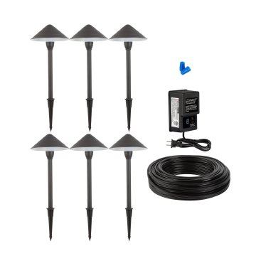 6-Piece Ring-Cone Shade LED Path Light Landscape Lighting Kit - 60W Low Voltage Transformer - 2700K / 3000K / 4000K
