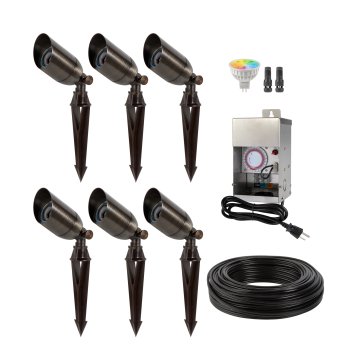 Smart Landscape Lighting Kit - 6 Solid Brass LED-Ready Spot Lights - Antique Brass - MR16 RGB + Tunable White LED Bulbs - 75W Stainless Steel Transformer With Timer - Optional RF Remote / Wi-Fi Hub
