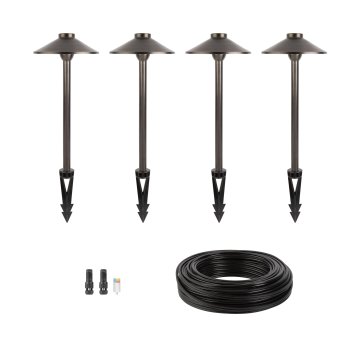 Smart Landscape Lighting Expansion Kit - 4 Solid Brass LED-Ready Path Lights - 8" Diameter Flat-Top Cone Shade - G4 Smart RGB + 2700K Warm White Color-Changing Bulbs
