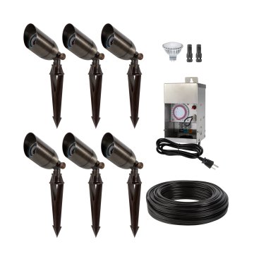 6-Piece Solid Brass LED-Ready Spot Light Landscape Lighting Kit - 75W Low Voltage Stainless Steel Transformer With Timer - Antique Bronze - MR16 Bulbs - 2700K / 3000K / 4000K / 6500K