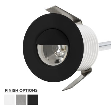Front view of a 1W round mini LED step light with black metal trim and hood and finish swatch