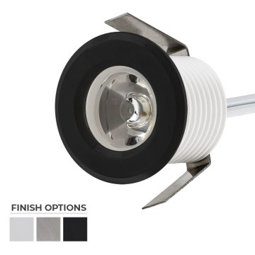 1W round mini LED step light with black plastic trim and finish swatch
