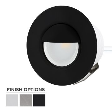 0.25W round mini LED step light with black metal trim ring and hood and finish swatch