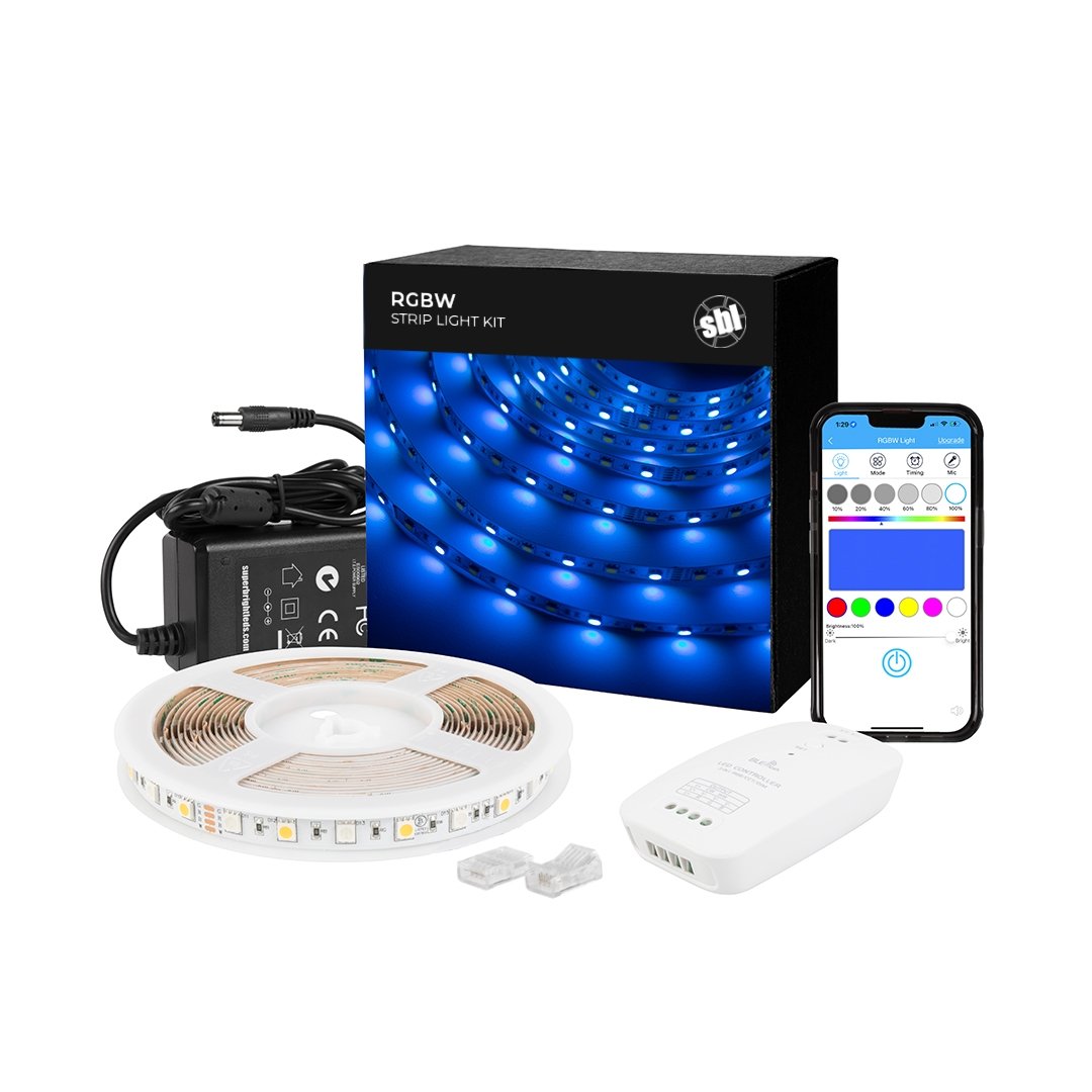 RGBW LED Strip Kit - Color Changing + White LED Tape Light - 5m - Bluetooth  Smartphone App Controlled