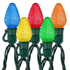 C7 Multicolor Christmas LED String Lights - Slim Base - 17ft - 25 Retro Faceted Bulbs - Green Wire - Multi-Color: Red, Yellow, Orange, Blue, Green