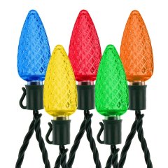 C9 Multicolor Christmas LED String Lights - 17ft - 25 Retro Faceted Bulbs - Green Wire - Multi-Color: Red, Yellow, Orange, Blue, Green
